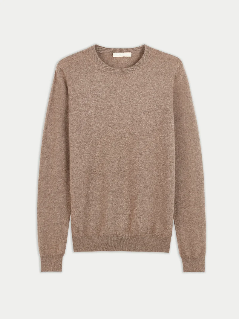 Naturfarbener Basic R-Ausschnitt Kaschmirpullover