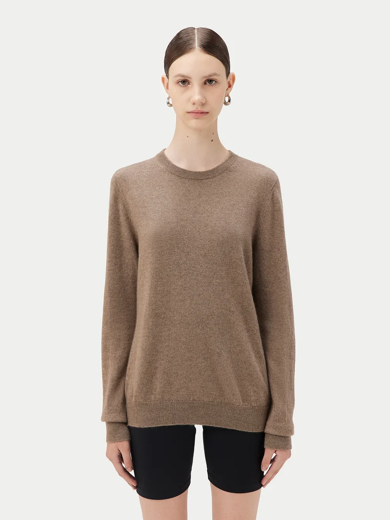 Naturfarbener Basic R-Ausschnitt Kaschmirpullover