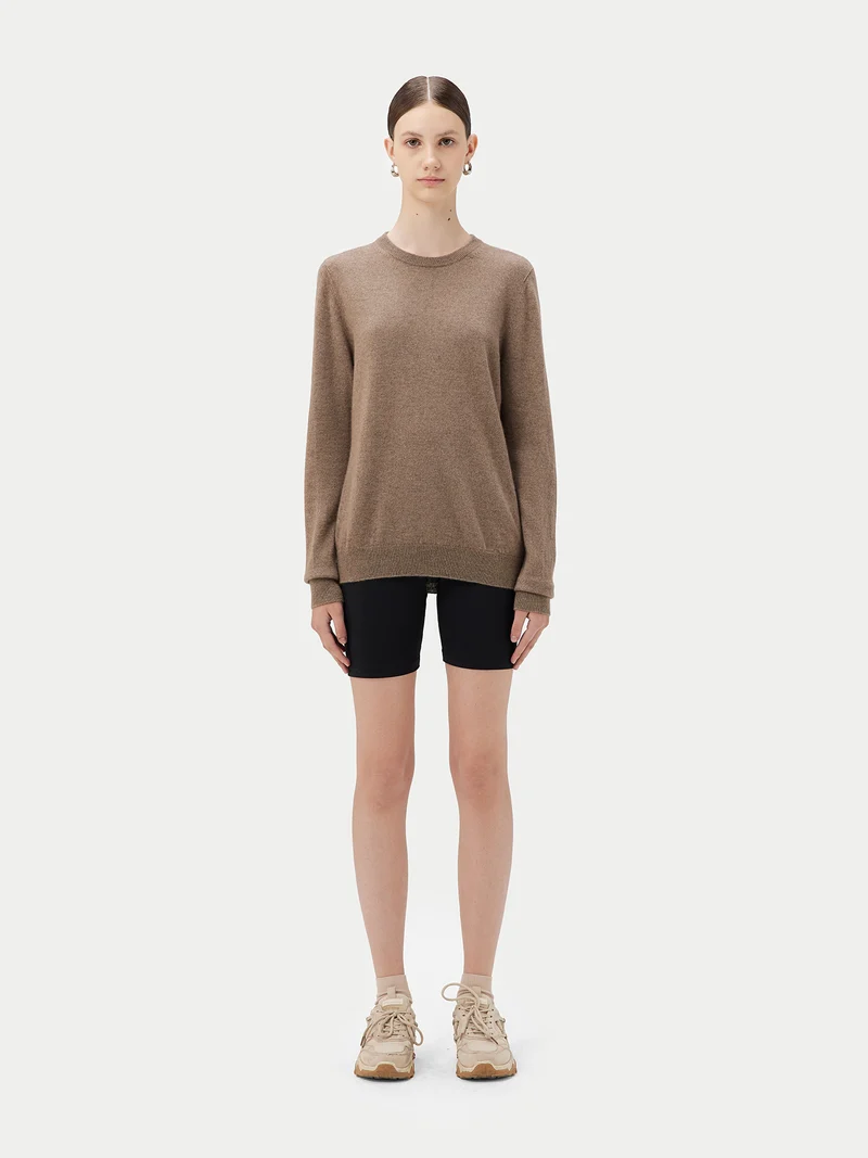 Naturfarbener Basic R-Ausschnitt Kaschmirpullover