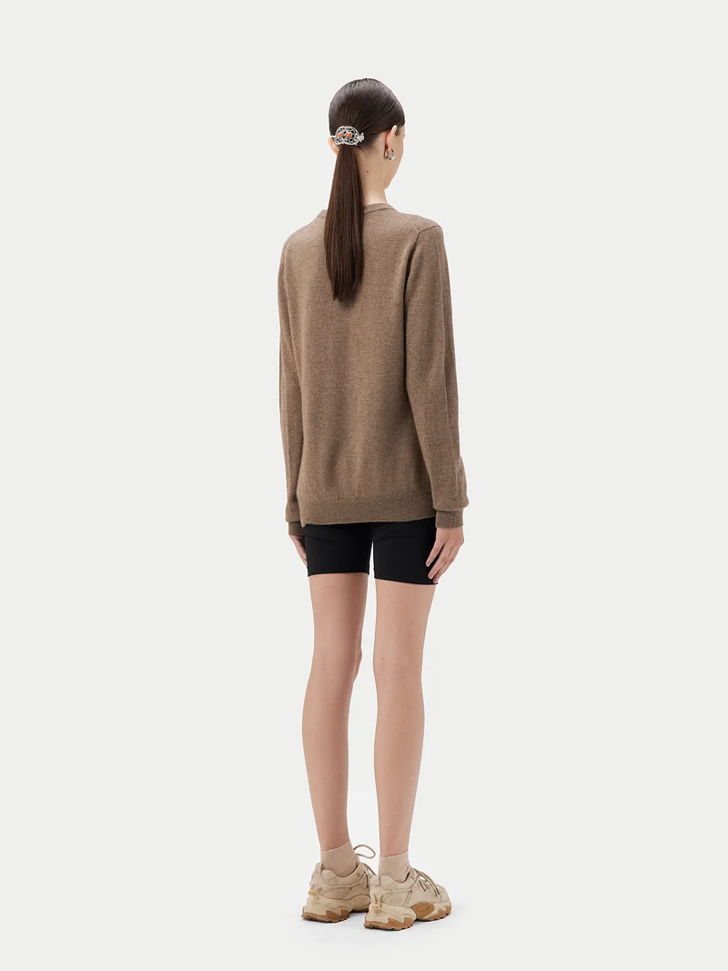 Naturfarbener Basic R-Ausschnitt Kaschmirpullover