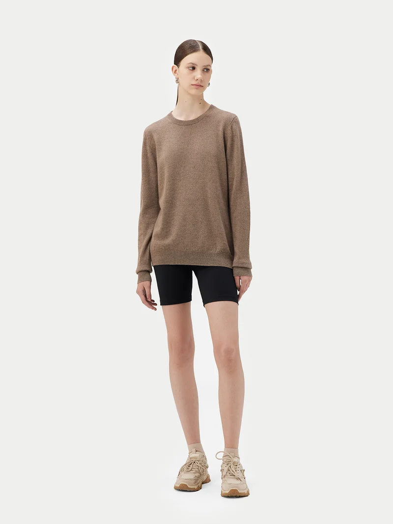 Naturfarbener Basic R-Ausschnitt Kaschmirpullover