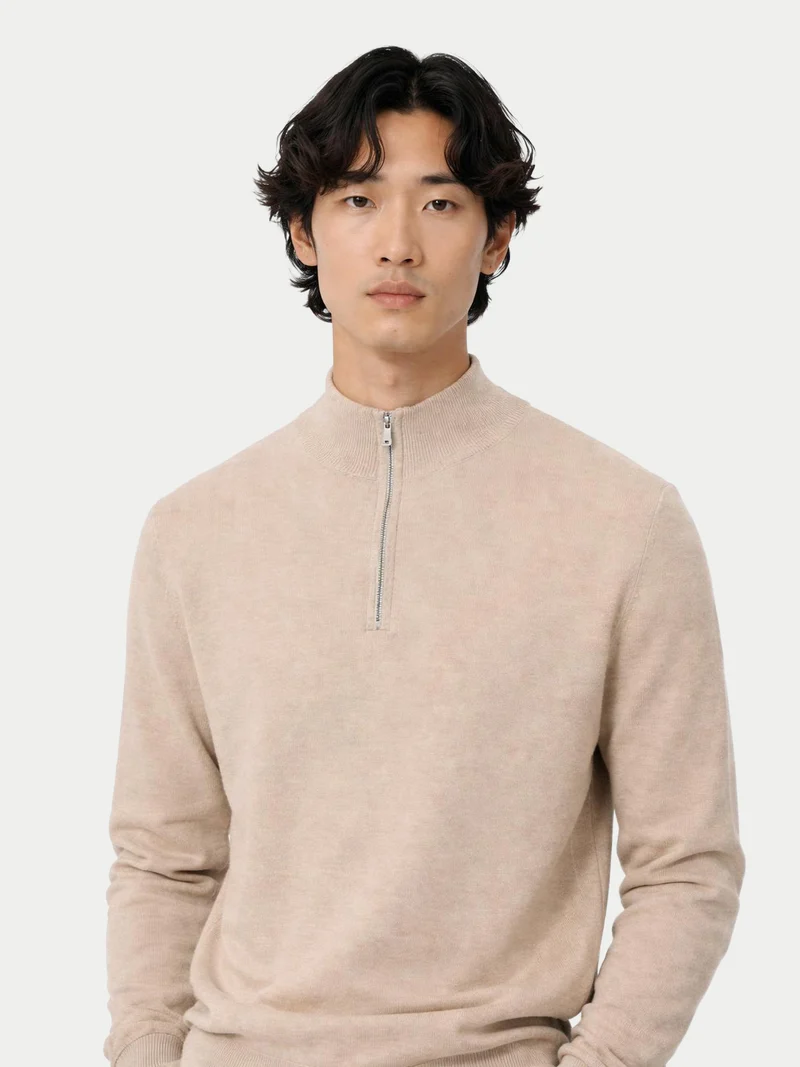 Basic Kaschmirpullover mit Halbreißverschluss