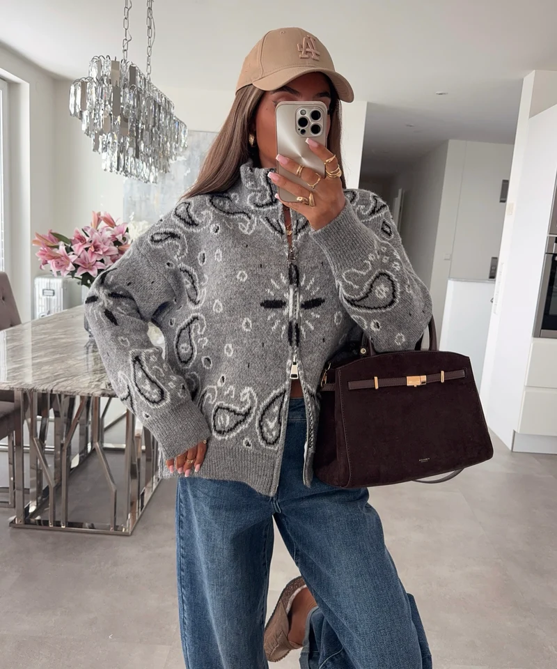 Paisley Zip Cardigan Eline Grau