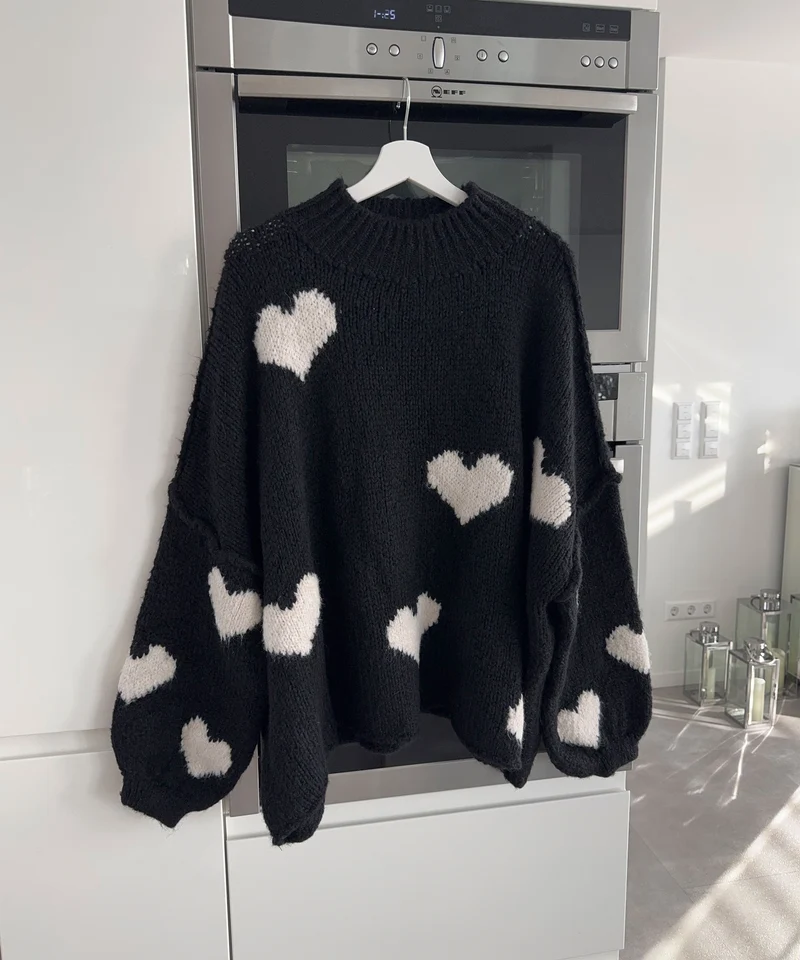 Oversize Pullover Nata Herz Schwarz Beige