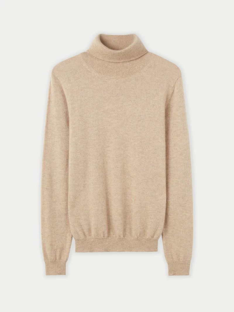 Naturfarbener Basic Rollkragenpullover aus Kaschmir