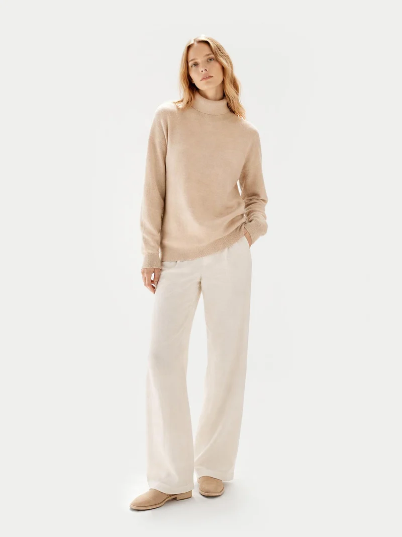 Naturfarbener Basic Rollkragenpullover aus Kaschmir