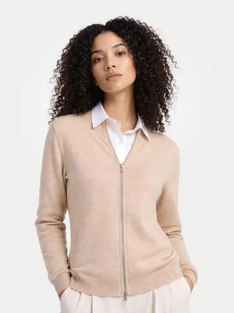 Naturfarbene Basic Kaschmirstrickjacke mit Reißverschluss