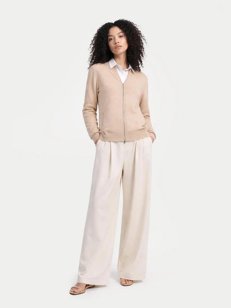 Naturfarbene Basic Kaschmirstrickjacke mit Reißverschluss