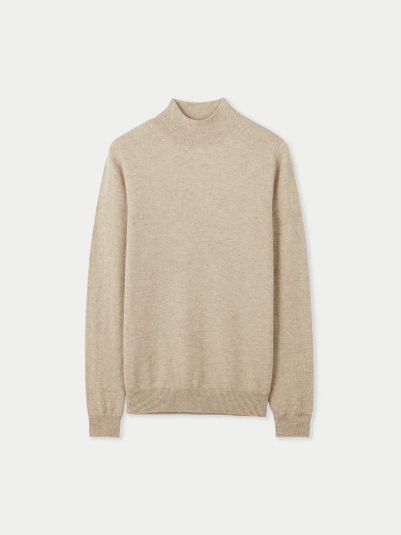 Naturfarbener Basic Stehkragenpullover aus Kaschmir