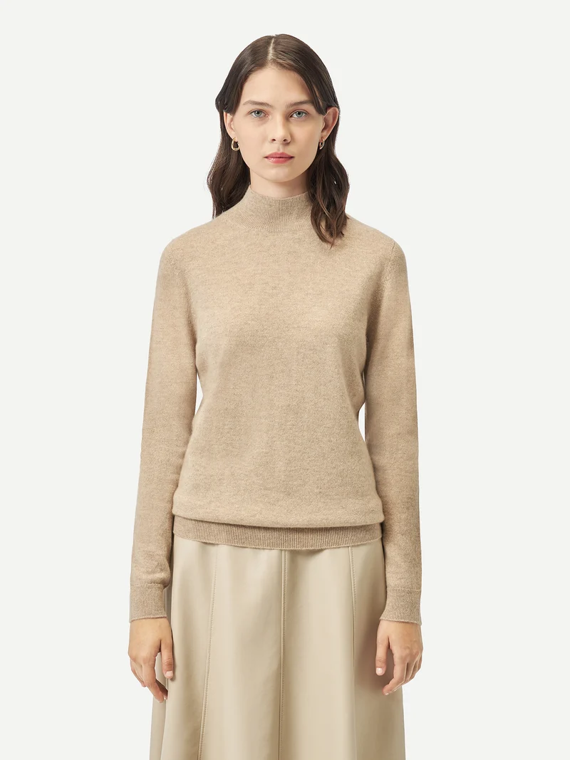 Naturfarbener Basic Stehkragenpullover aus Kaschmir