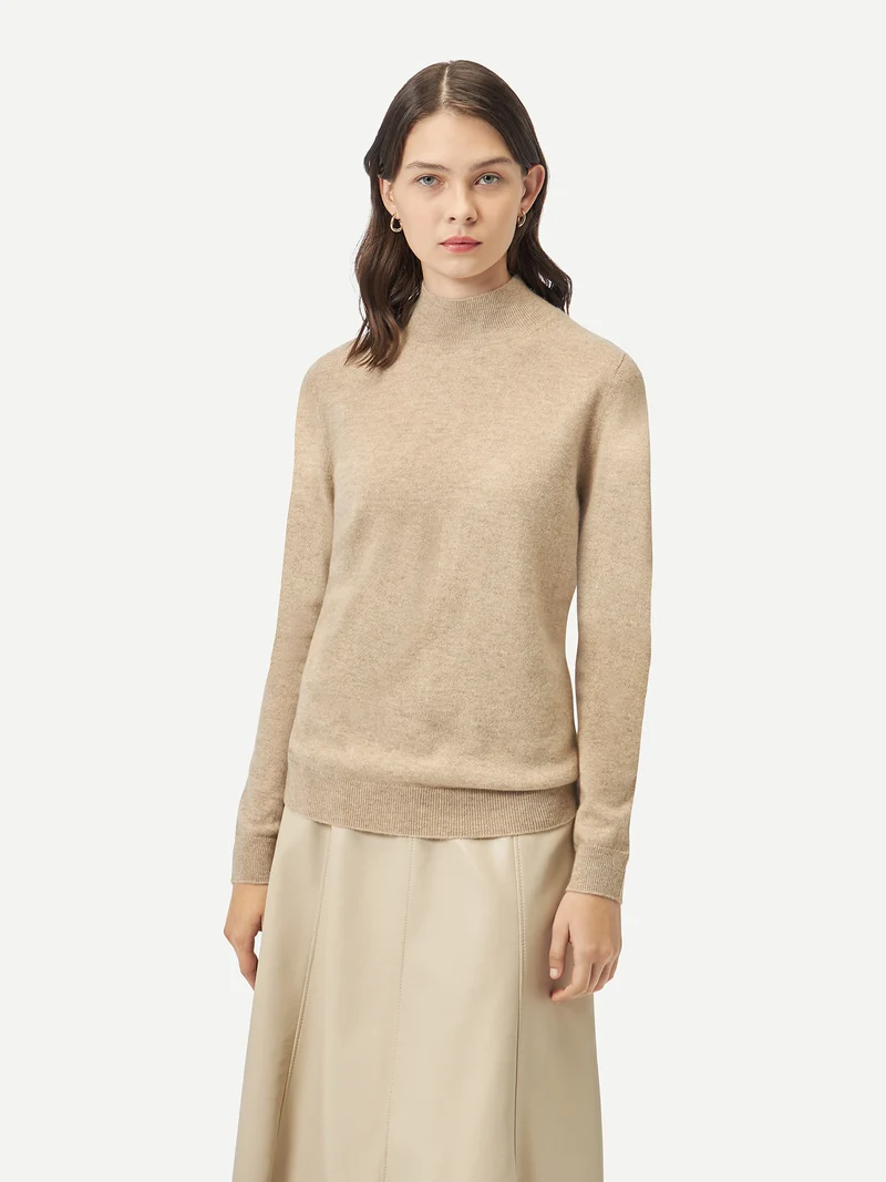 Naturfarbener Basic Stehkragenpullover aus Kaschmir