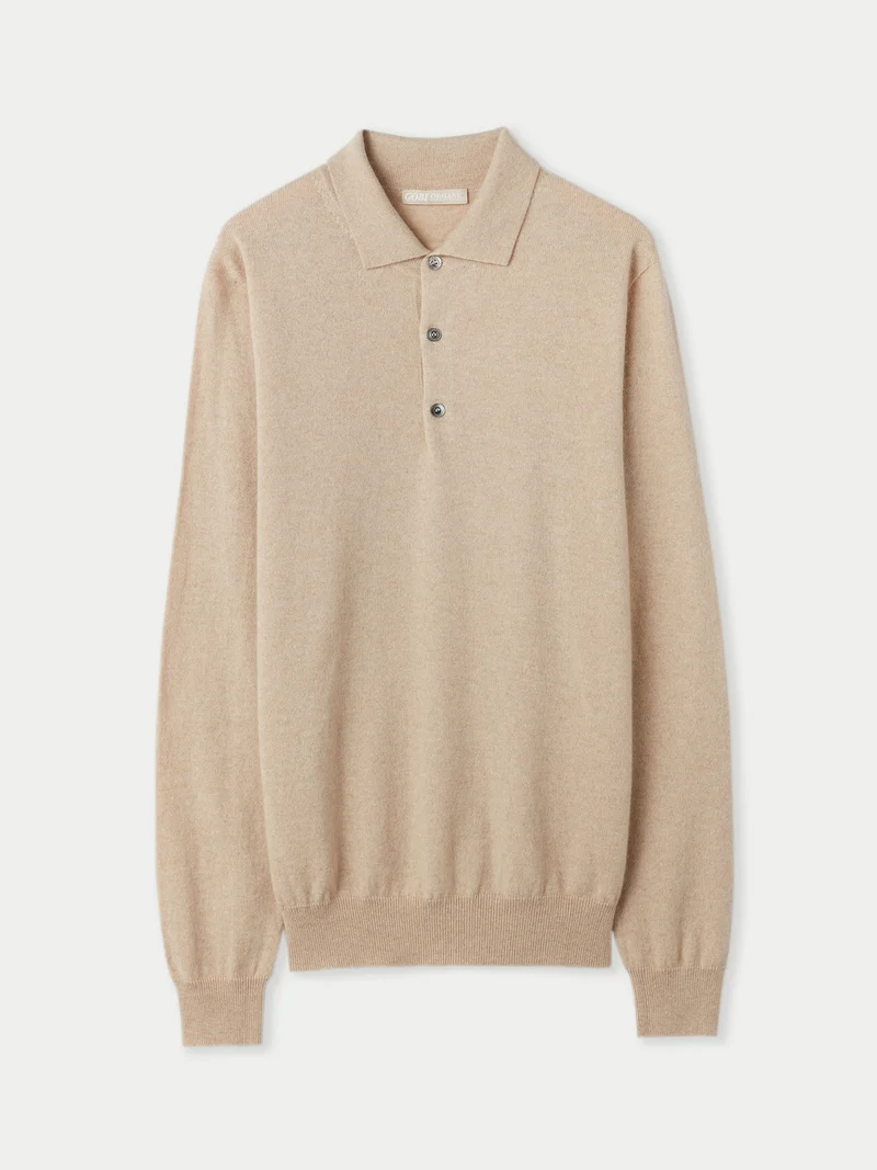 Naturfarbener Basic Kaschmirpullover mit Polokragen