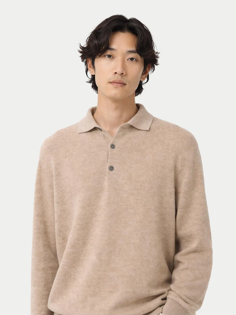 Naturfarbener Basic Kaschmirpullover mit Polokragen