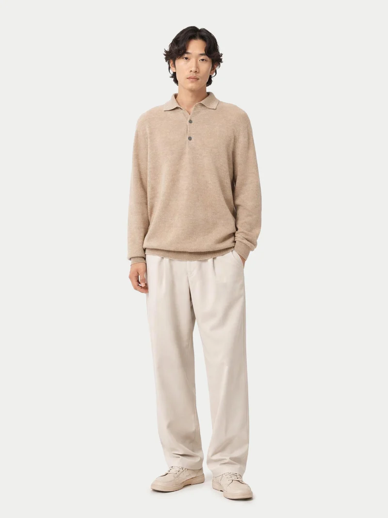 Naturfarbener Basic Kaschmirpullover mit Polokragen