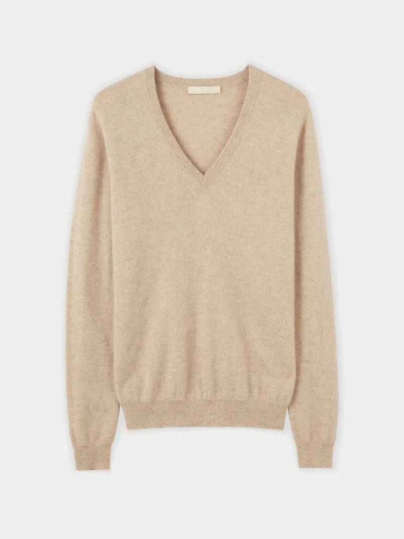 Naturfarbener Basic V-Ausschnitt Kaschmirpullover