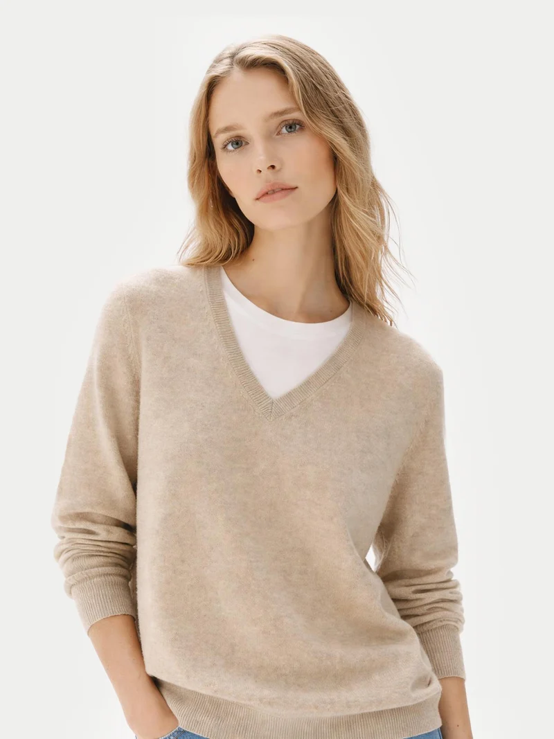 Naturfarbener Basic V-Ausschnitt Kaschmirpullover