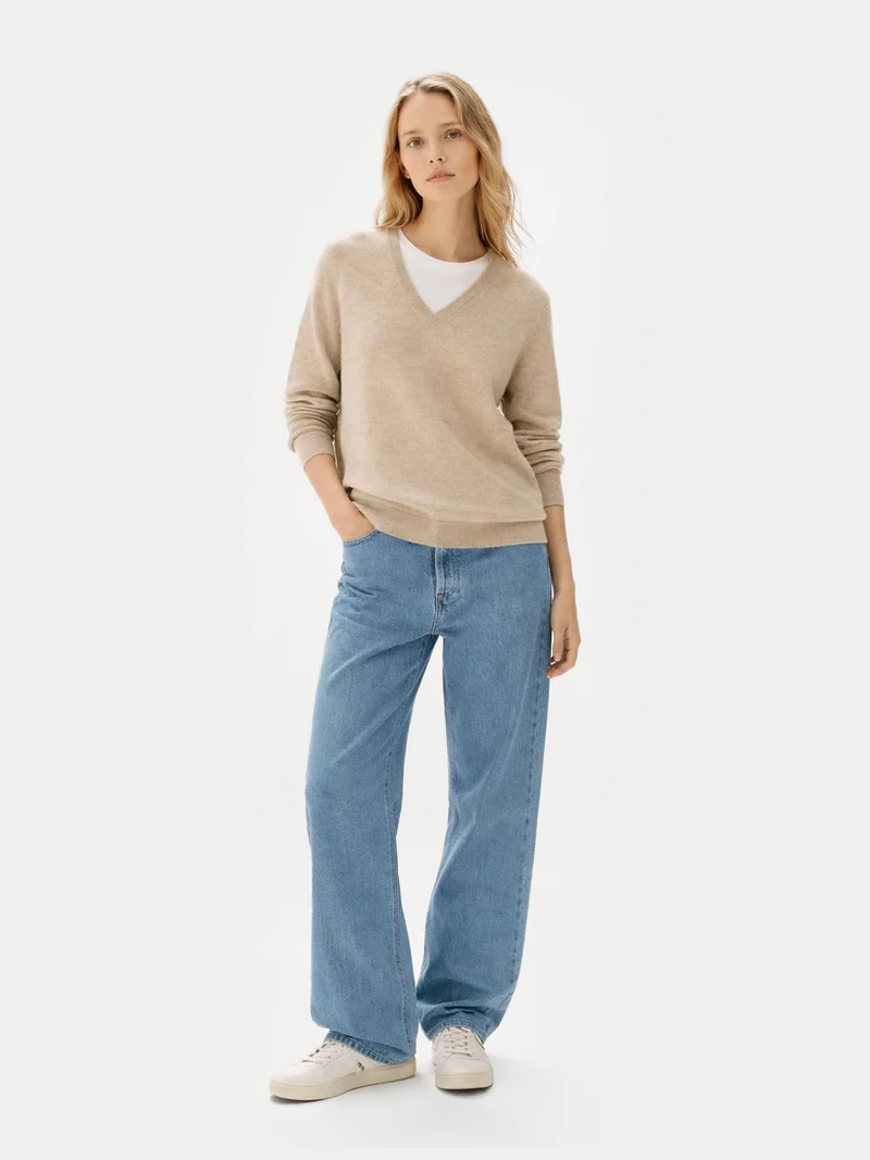 Naturfarbener Basic V-Ausschnitt Kaschmirpullover
