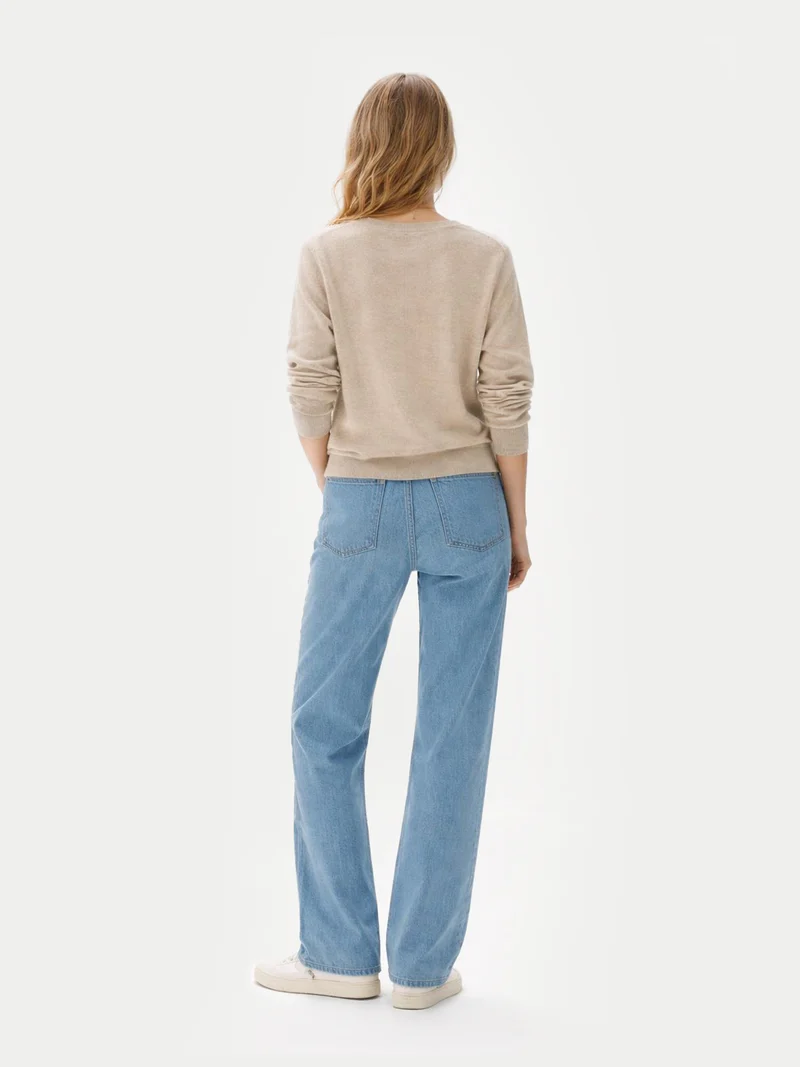 Naturfarbener Basic V-Ausschnitt Kaschmirpullover