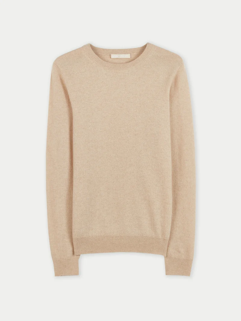 Naturfarbener Basic R-Ausschnitt Kaschmirpullover