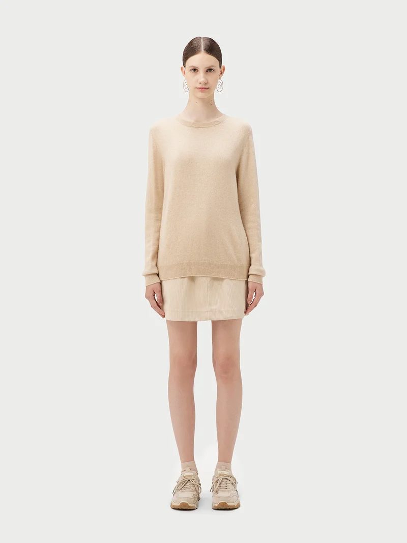 Naturfarbener Basic R-Ausschnitt Kaschmirpullover