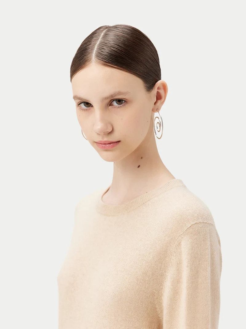 Naturfarbener Basic R-Ausschnitt Kaschmirpullover
