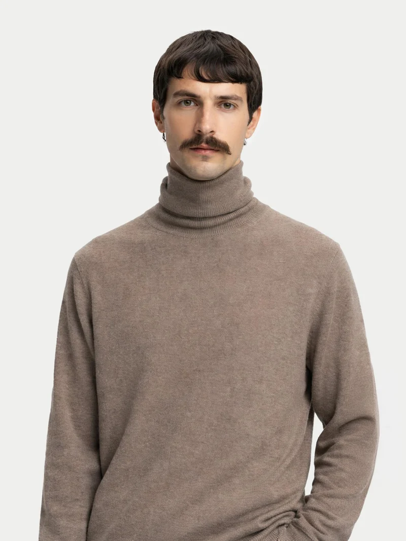 Naturfarbener Basic Kaschmir Rollkragenpullover