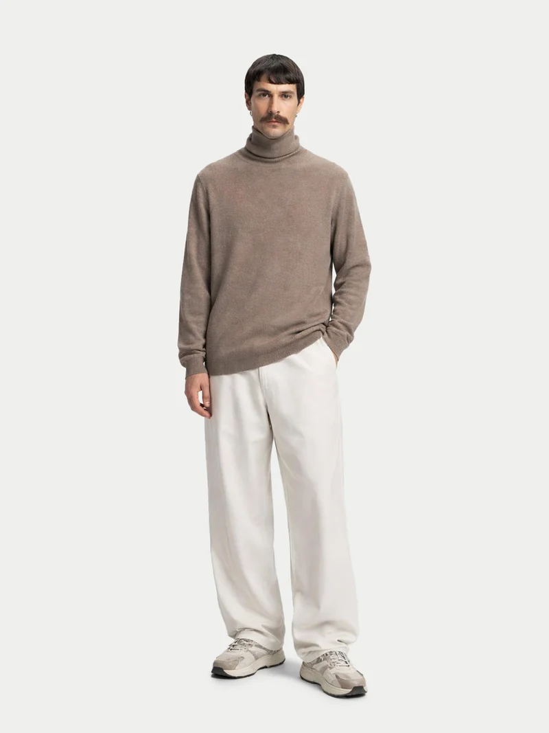 Naturfarbener Basic Kaschmir Rollkragenpullover