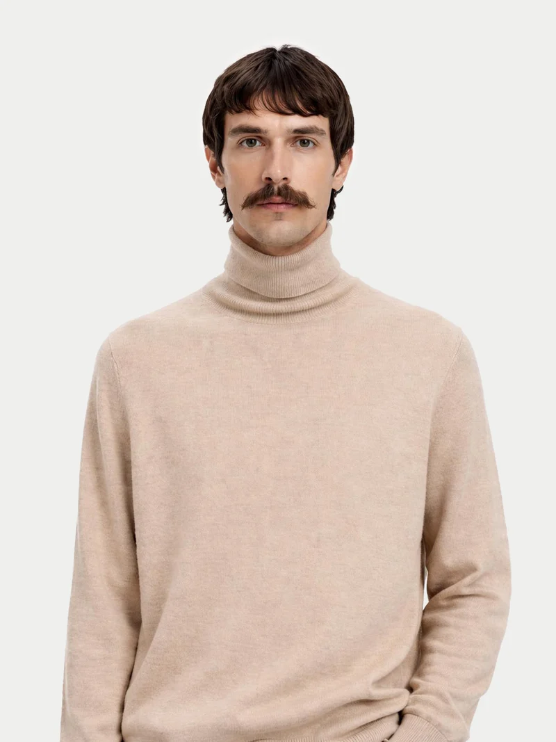 Naturfarbener Basic Kaschmir Rollkragenpullover