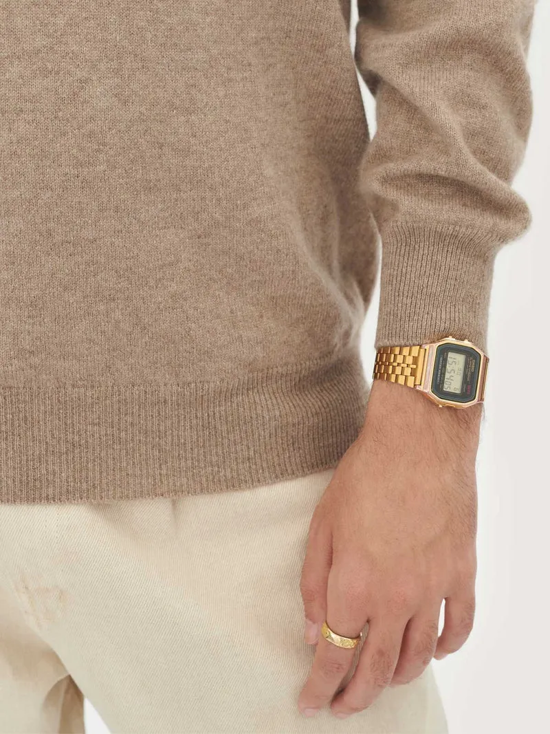 Naturfarbener Basic Kaschmirpullover mit V-Ausschnitt