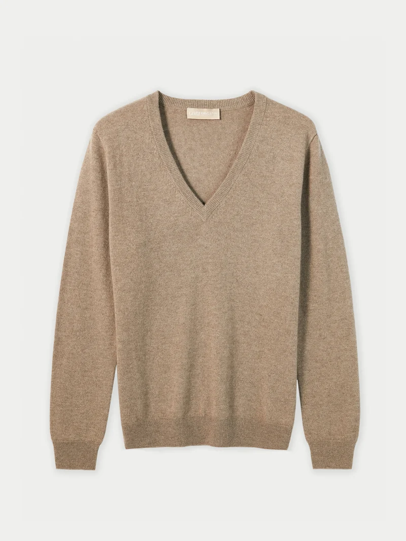 Naturfarbener Basic V-Ausschnitt Kaschmirpullover