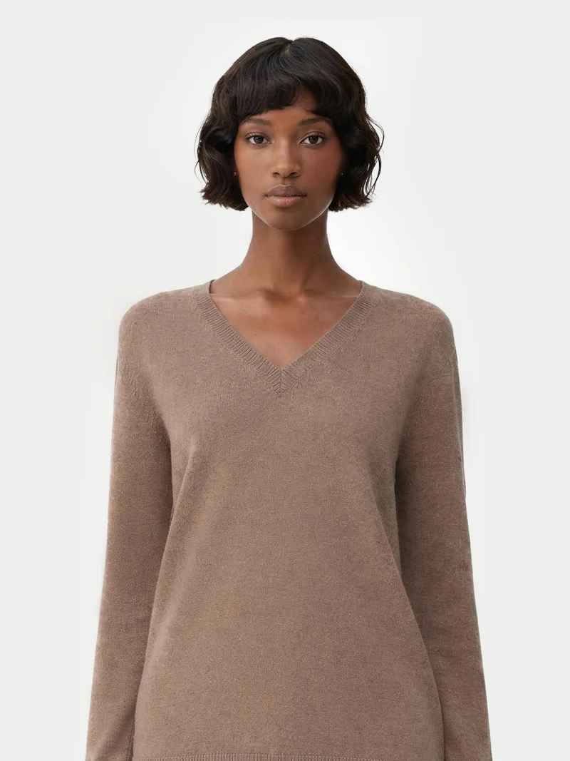Naturfarbener Basic V-Ausschnitt Kaschmirpullover