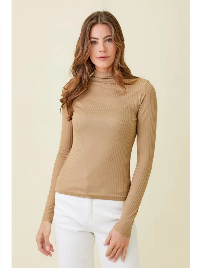 Mystree Ribbed Mock Neck Long Sleeve Top