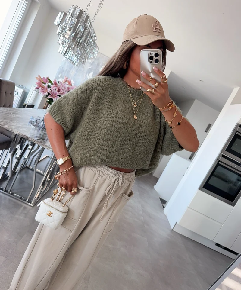 Kurzarm Strickpullover Nele Khaki