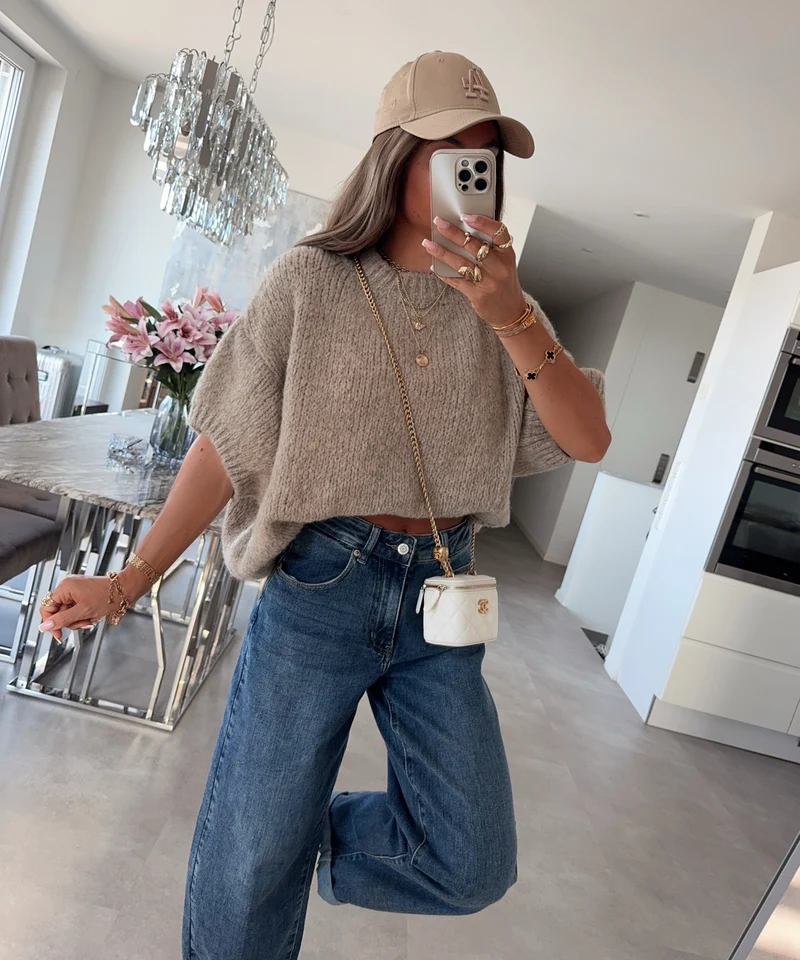 Kurzarm Strickpullover Nele Taupe