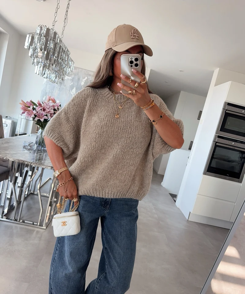 Kurzarm Strickpullover Nele Taupe