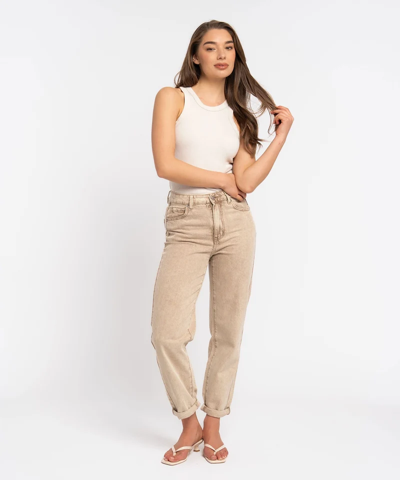 Stretch Mom Jeans Leava Dunkelbeige