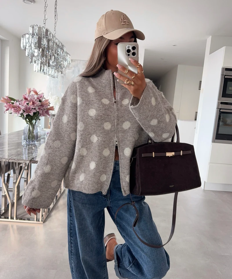 Polka Dot Zip Jacke Rika Taupe