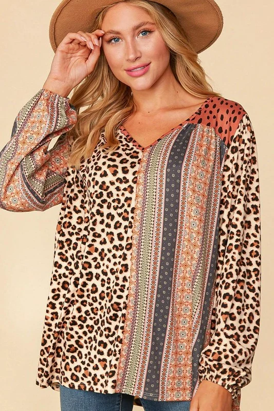 Haptics V-Neck Boho Animal Print Bubble Sleeve Top