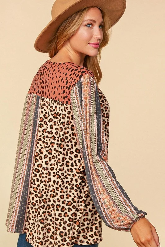 Haptics V-Neck Boho Animal Print Bubble Sleeve Top