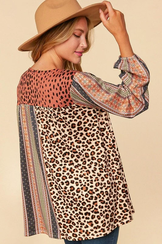 Haptics V-Neck Boho Animal Print Bubble Sleeve Top
