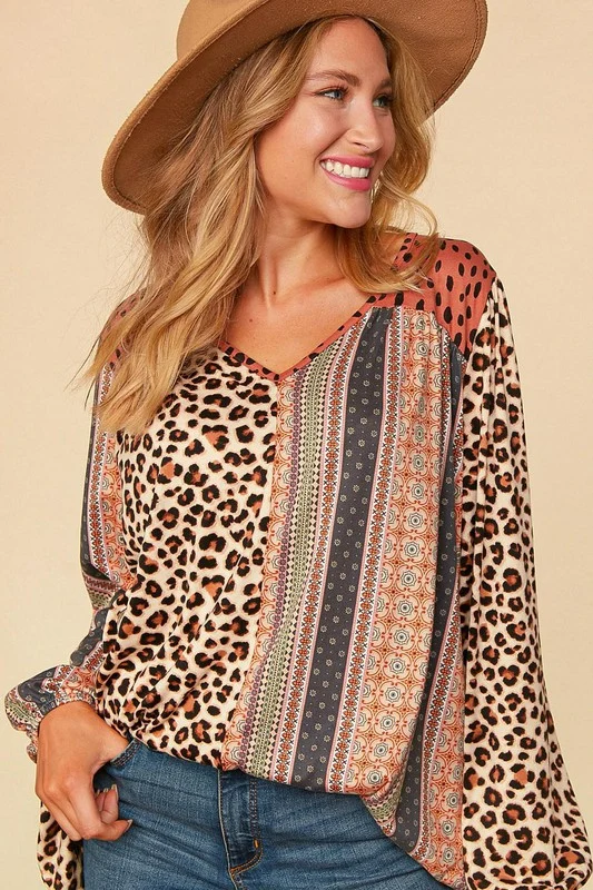 Haptics V-Neck Boho Animal Print Bubble Sleeve Top
