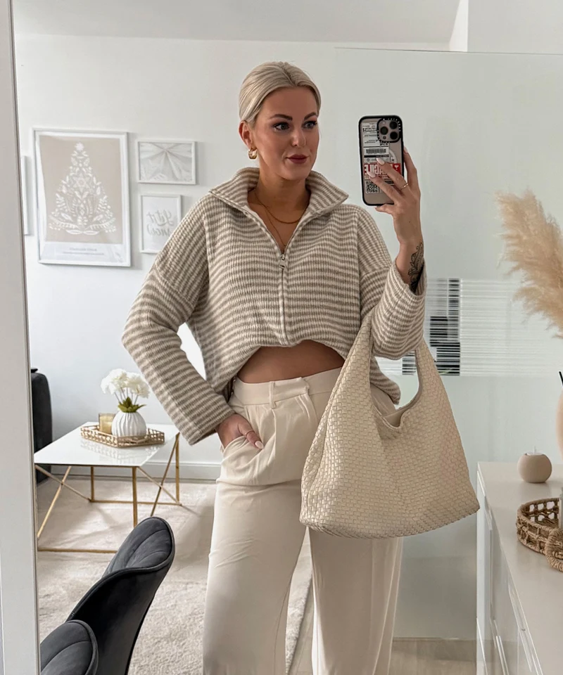 Zip Strickjacke Helena Streifen Taupe