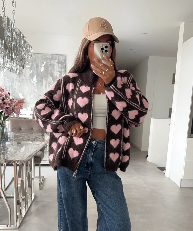 Zip Strickjacke Liviana Herz Braun Rosa