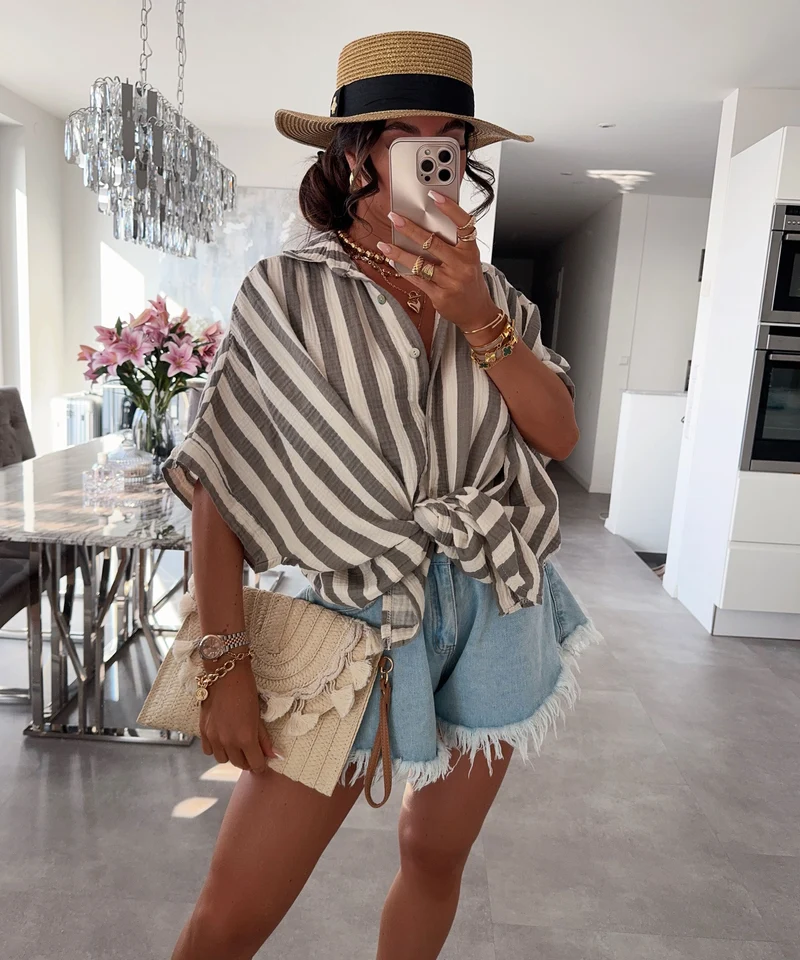 Oversize Musselin Kurzarmhemd Mala Streifen Taupe