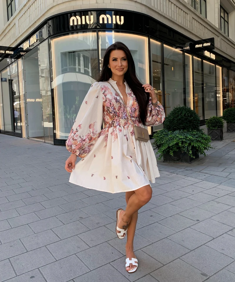 Leinen Baumwoll Kleid Nekia Blume Beige