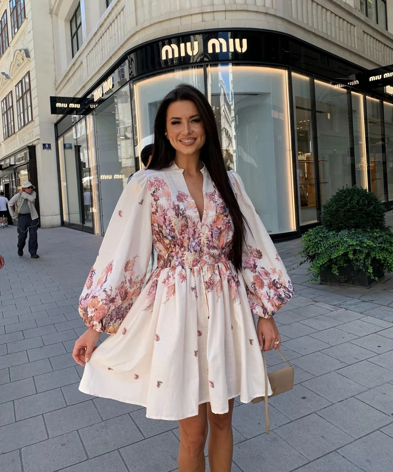 Leinen Baumwoll Kleid Nekia Blume Beige