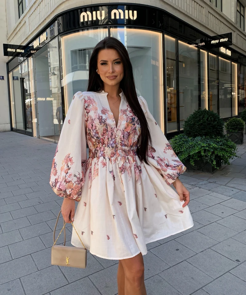 Leinen Baumwoll Kleid Nekia Blume Beige