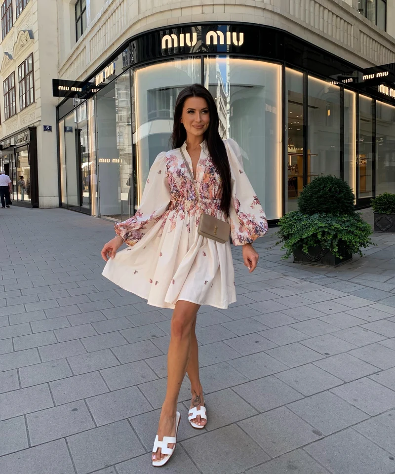 Leinen Baumwoll Kleid Nekia Blume Beige