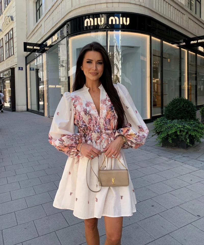 Leinen Baumwoll Kleid Nekia Blume Beige