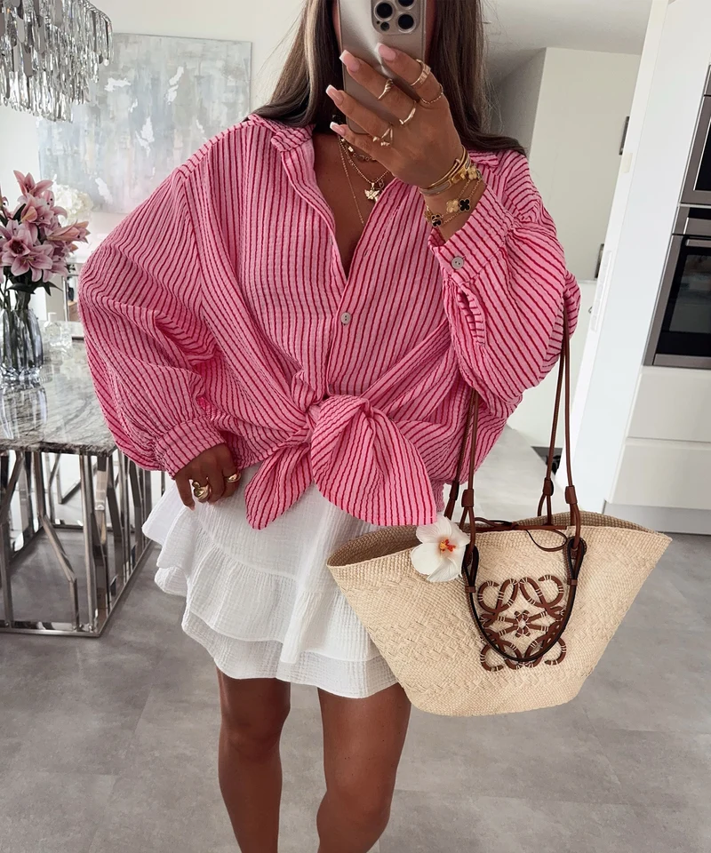 Musselin Bluse Felixa Streifen Pink Rot